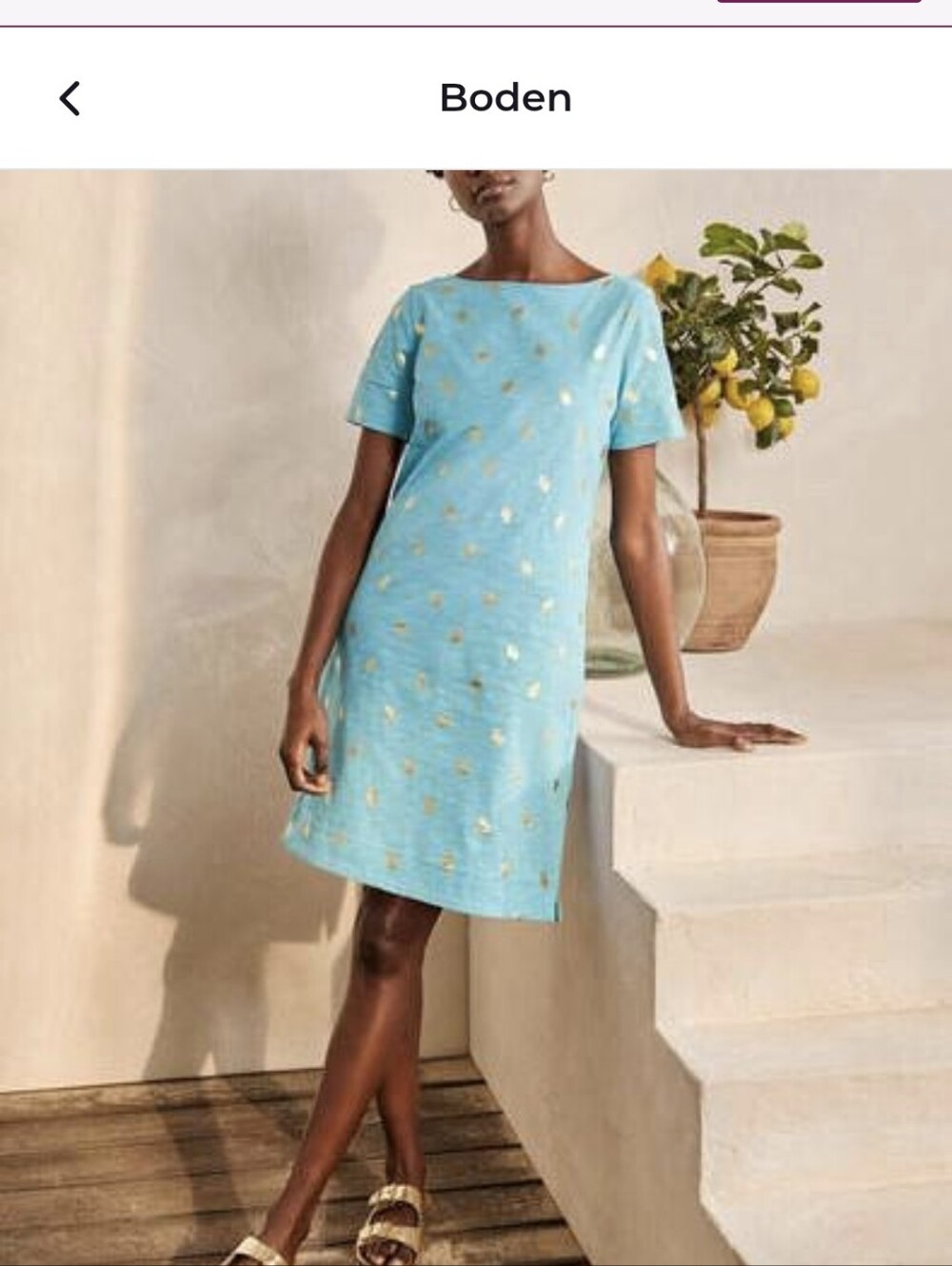 Boden Darcey Turquoise Shift Dress with Gold Foil Lemon Pattern SZ.6P